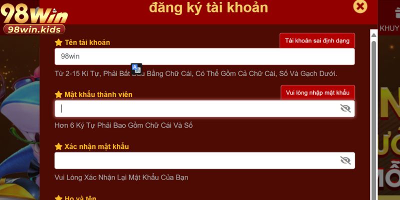 Đăng Ký 98Win: Các Bước Đăng Ký Đơn Giản Và Bảo Mật 2026 3 Thông tin bạn cần cung cấp để mở tài khoản tại 98win